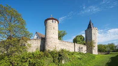 Town wall with defence towers, Muehlhausen, Thuringia, Germany, Europe
