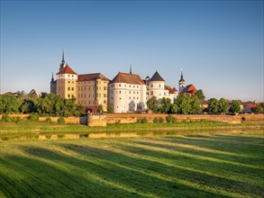 Hartenfels Castle on the Elbe in the morning light, Torgau, Saxony, Germany, Europe