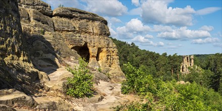 Panorama, Klusfelsen and Fuenffingerfelsen in the Klusberge, sandstone rocks with natural and