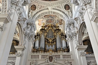 St Stephen's Cathedral, Passau, magnificent baroque-style organ with detailed carvings in front of