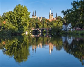Merseburg Cathedral and Merseburg Castle reflected in the River Saale, Merseburg, Saxony-Anhalt,