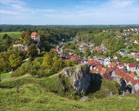 View from the mountain rescue cross to Pottenstein with castle and landscape, Townscape, Franconian