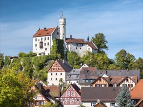 Goessweinstein with castle and half-timbered houses, Franconian Switzerland, Upper Franconia,