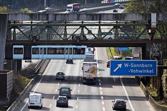 Wuppertal suspension railway crosses the A46 motorway at Sonnborner Kreuz, inner-city motorway