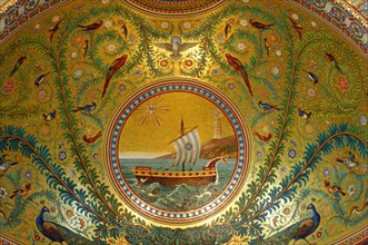 Church of Notre-Dame de la Garde, Marseille, A detailed mosaic with a ship on the sea surrounded by