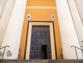 Facade and entrance gate Entrance gate to Santa Maria Cathedral, Alghero, Sardinia, Italy, Europe