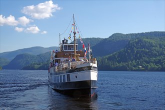 Historic canal boat MS Victoria on the Telemark Canal, mountains and lakes, shipping, historic