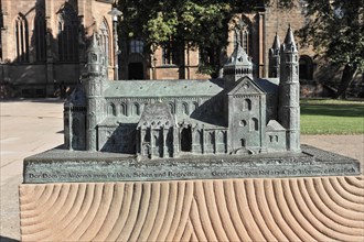 Speyer Cathedral, bronze model of Worms Cathedral with a descriptive plaque, Speyer Cathedral,