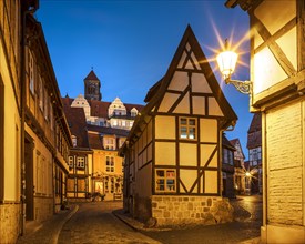 Narrow alley with half-timbered houses and cobblestones at Finkenherd in the historic old town at