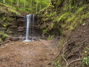 Small waterfall at Hoerschbach, Hoerschbach Valley, Swabian-Franconian Forest nature park Park,