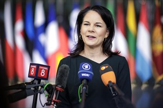 Annalena Baerbock, Federal Foreign Minister, photographed during a doorstep at the meeting of NATO