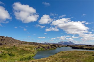 View over the shallow lake Myvatn in summer, Norourland eystra, Nordurland eystra in the north of