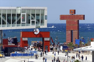 Container sculpture, Marseille, Colourful lively promenade with unique container structures and sea