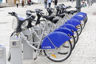 Marseille, row of blue hire bikes at a municipal station, Marseille, Departement Bouches du Rhone,