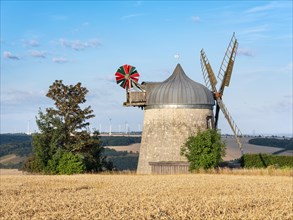 Windmill stands in the middle of a ripe grain field under a partly cloudy blue sky, mill, tower