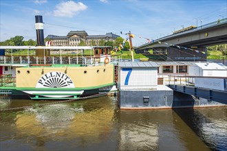 The historic paddle steamer PILLNITZ at the steamer landing stage on the Terrassenufer in Dresden,