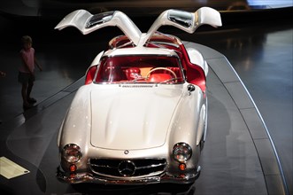 Museum, Mercedes-Benz Museum, Stuttgart, White classic Mercedes sports car with open gullwing