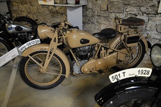 German Car Museum Langenburg, Beige military motorbike from the Second World War in an exhibition,