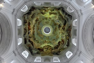 The dome in the Neumuenster collegiate monastery, Wuerzburg, view of an elaborately painted dome