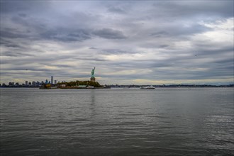 Views on New York Harbor, Manhattan and Statue of Liberty from the Liberty State Park, Jersey City,
