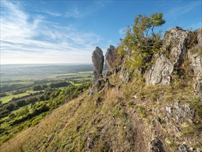 Wiesenthauer Nadel rock formation on the Ehrenbuerg witness mountain, also known as Walberla,