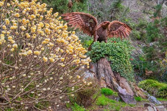 Spring blossom with eagle sculpture on the Gilf promenade, Merano, Val Passiria, Adige Valley,