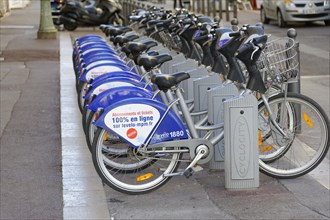 Row of rental bikes at a hire station in the city, Marseille, Departement Bouches-du-Rhone,