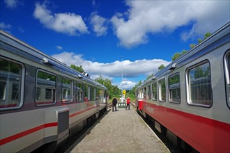 Two trains of the Swedish Inlandsbanan are facing each other, historical railway, inland railway,