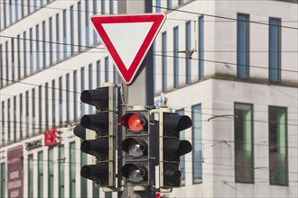 Traffic lights switched to red and traffic sign giving way, Germany, Europe