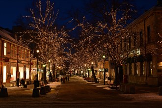 The pedestrian zone in winter is brightly lit in the evening, Trondheim, Norway, Europe