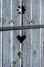 Wooden door with heart, stable door, light-coloured varnish, weathered, leaves of knotweed