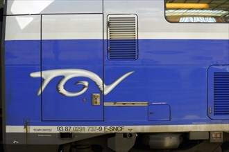 Marseille, side view of a blue TGV train of the French railway SNCF, Marseille, Departement