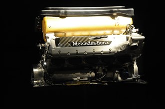Museum, Mercedes-Benz Museum, Stuttgart, Highly detailed engine of a Mercedes-Benz, presented on a