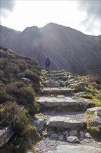Hiker, LLyn Idwal Trail, Snowdonia National Park near Pont Pen-y-benglog, Bethesda, Bangor, Wales,