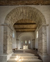 The Romanesque village church of Waldau, apse and altar, Bernburg, Saxony-Anhalt, Germany, Europe