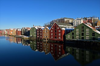 Historic warehouse buildings reflected in the river Nidelva, Bryggene, Trondheim, Norway, Europe
