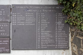 Plaque with Welsh and English names of the days of the week and Welsh and English numbers from one
