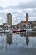 Boats, marina, skyscraper, houses, tower of the Hotel de Ville, town hall, Dunkirk, France, Europe