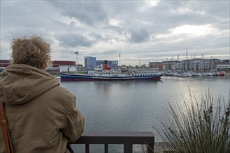 Man, restaurant-ship, boats, building, marina, Dunkirk, France, Europe