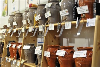 Wuerzburg, sales stand with a selection of handmade ceramic pots and labels, Wuerzburg, Lower