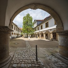 View through the archway into the castle courtyard of Tenneberg Castle, Waltershausen, Thuringia,