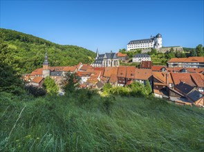 View of Stolberg with castle, Saigerturm, St. Martini church and half-timbered houses in the old