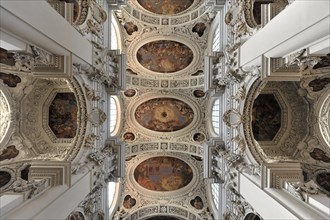 St Stephen's Cathedral, Passau, Symmetrical view of a baroque church ceiling with complex frescoes