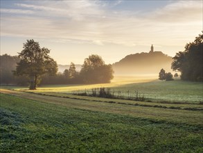 Landscape with Virnsberg Castle in the morning light with morning fog, Ansbach, Middle Franconia,