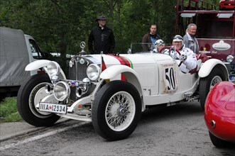 Mercedes-Benz SSK, built in 1928, A white classic sports car with starting number 50 ready for a