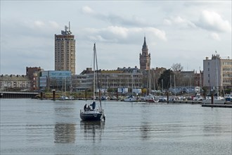 Boats, sailing boat, marina, skyscraper, houses, tower of the Hotel de Ville, town hall, Dunkirk,