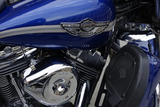 Close-up of a blue Harley-Davidson motorbike with chrome details, Marseille, Departement