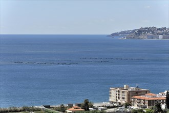 Solabrena, sea view with rows of fish farms or boats visible on the water, Costa del Sol,