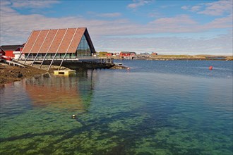 Triangular building on the waterfront, museum, Lovund, Lovunden, Helgeland coast, Norway, Europe