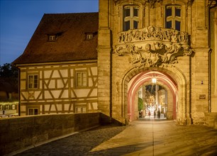 Old Town Hall on the Upper Bridge, passageway at dusk, Bamberg, Upper Franconia, Bavaria, Germany,